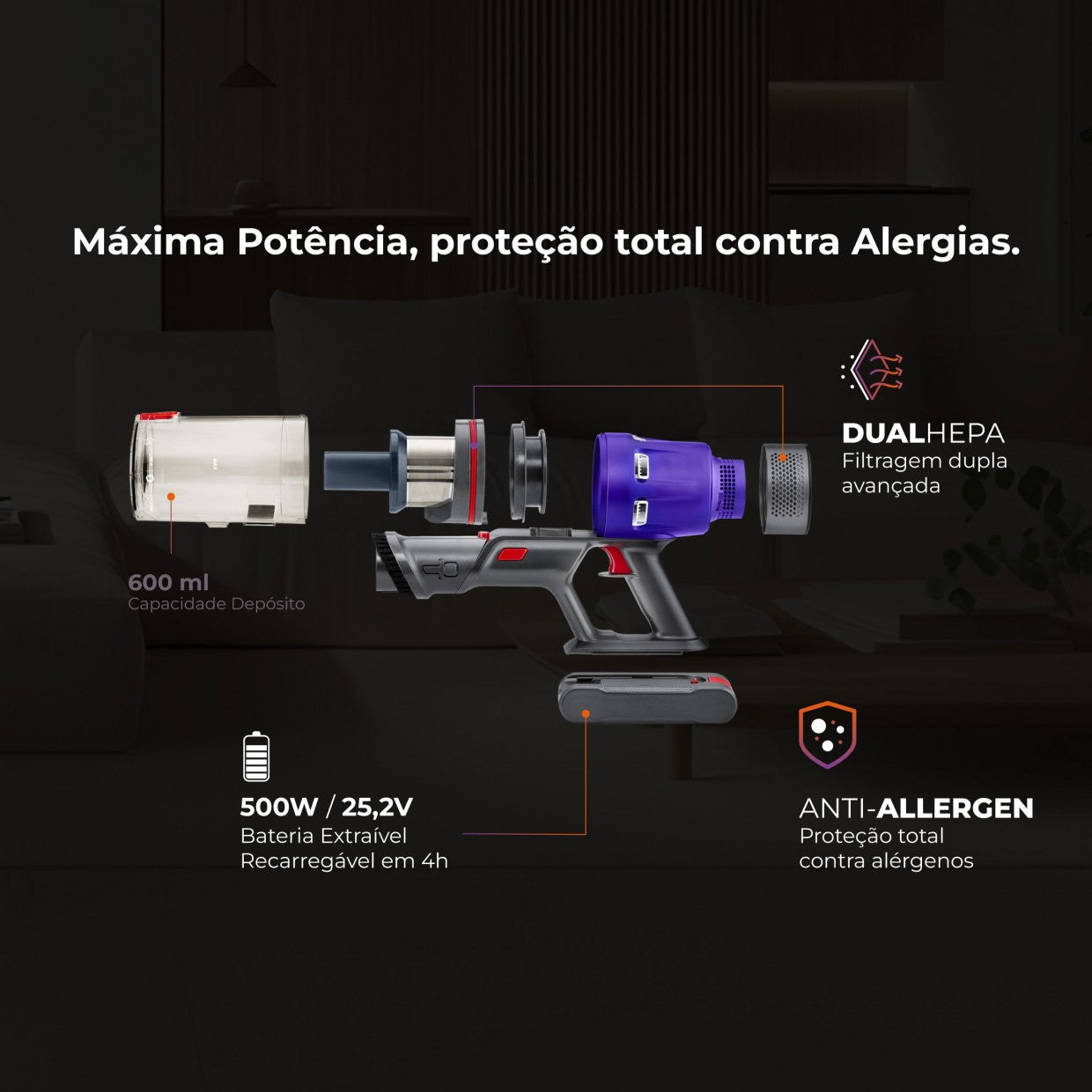 Aspirador Vertical ProExtreme Pet 85 Sem Fios 1648FL FLAMA