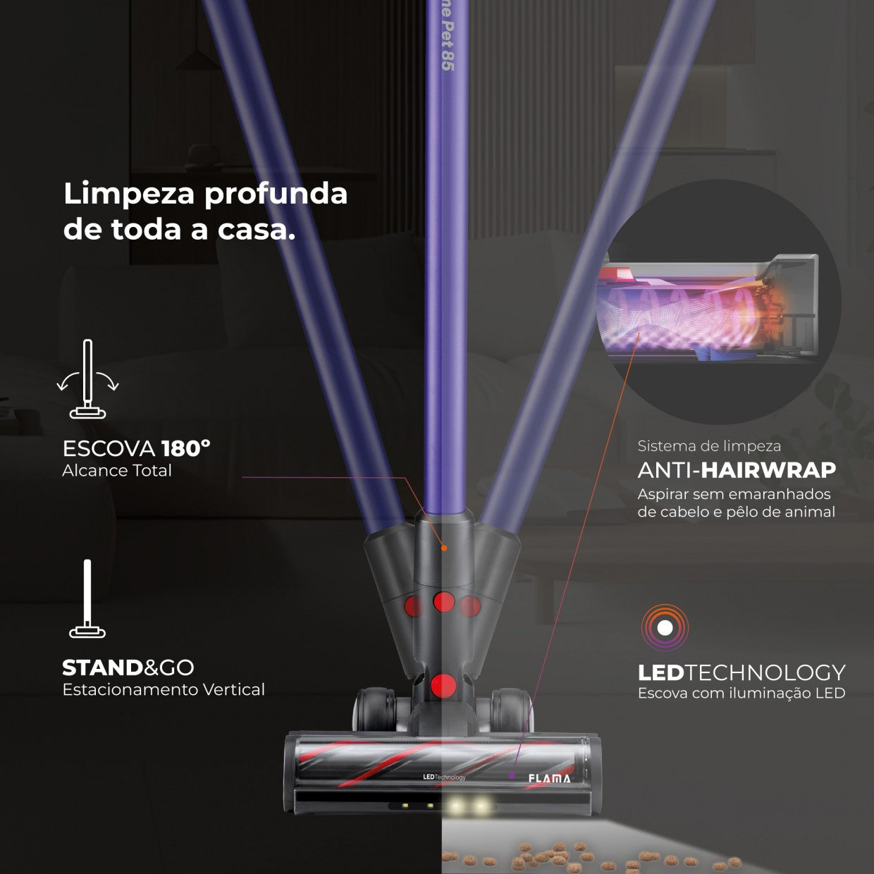 Aspirador Vertical ProExtreme Pet 85 Sem Fios 1648FL FLAMA